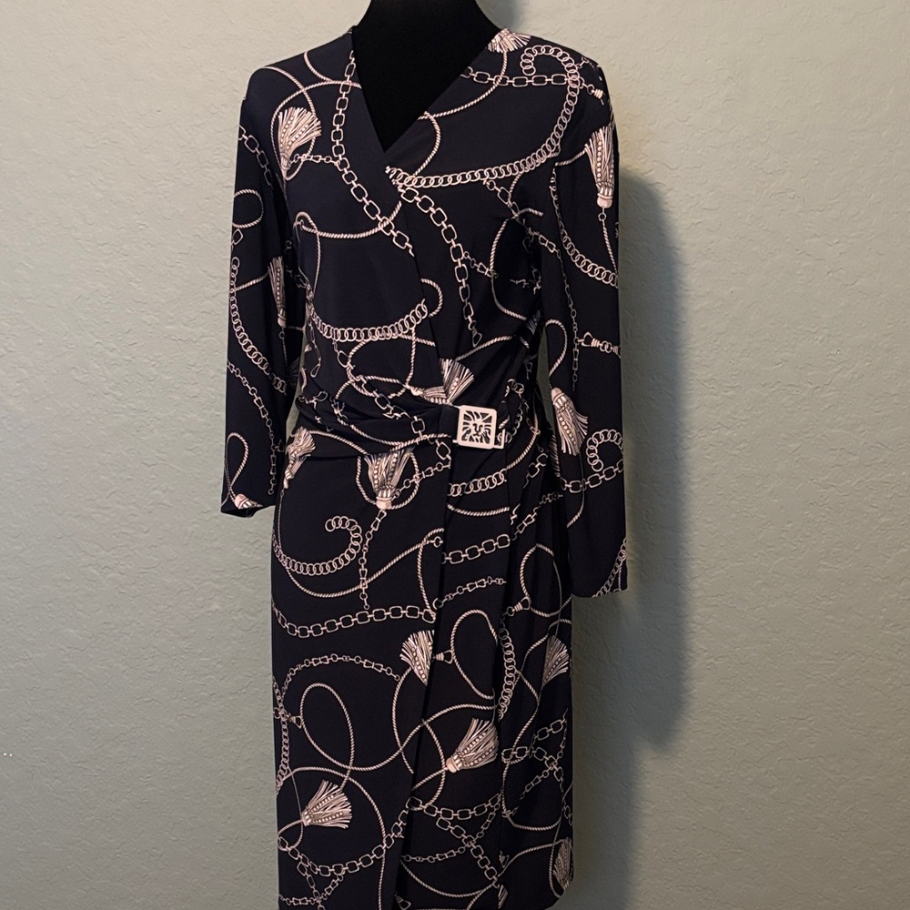 Anne Klein Black & Blush Chain-Print Wrap Dress Size 8